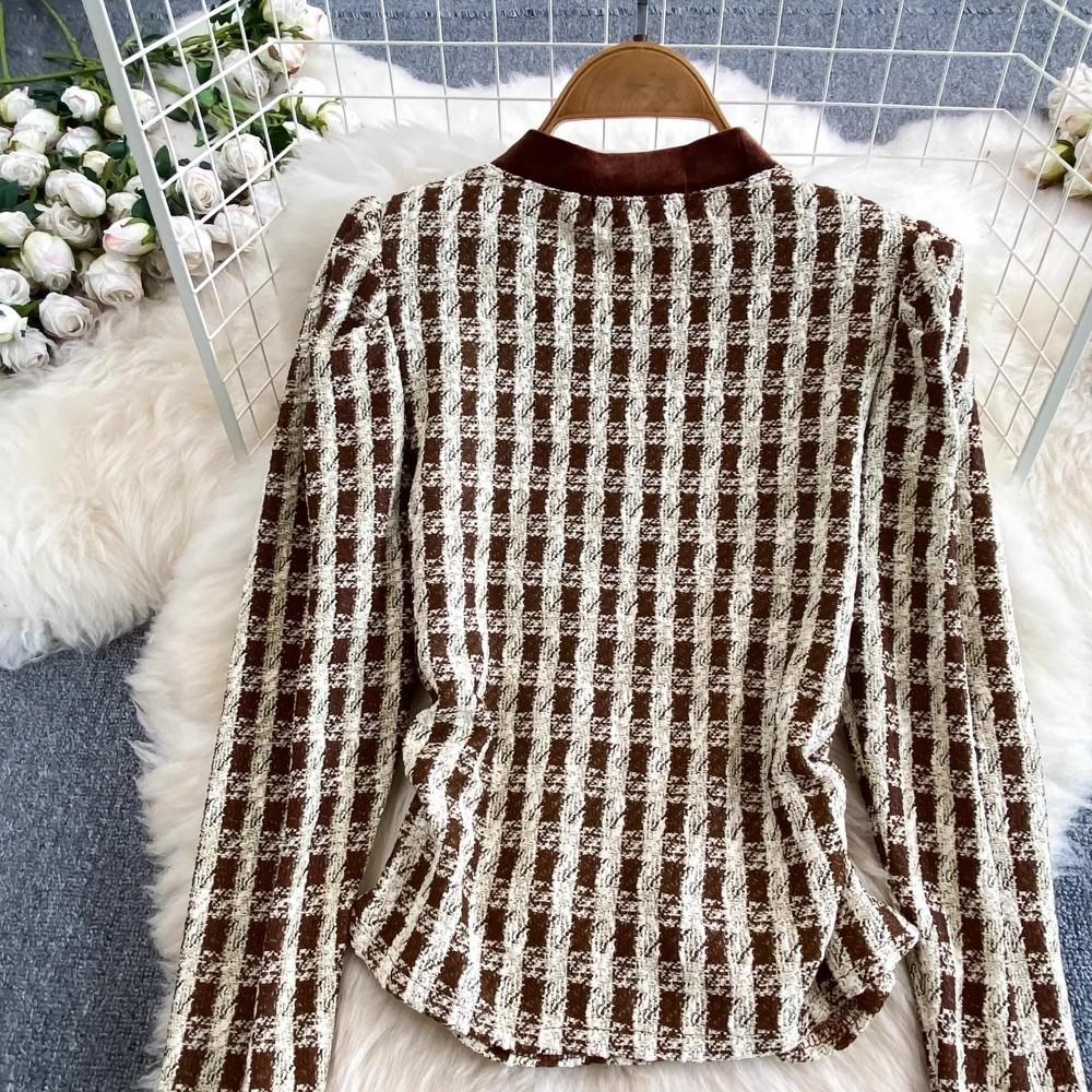 Outono primavera pequena fragrância xadrez tweed ternos feminino com decote em v casaco curto + botões saia lápis longa conjunto de duas peças