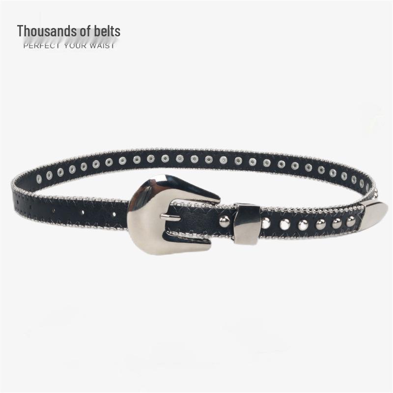 Stylish Studded Women s Leather Belt with Silver Pin Buckle чёрный