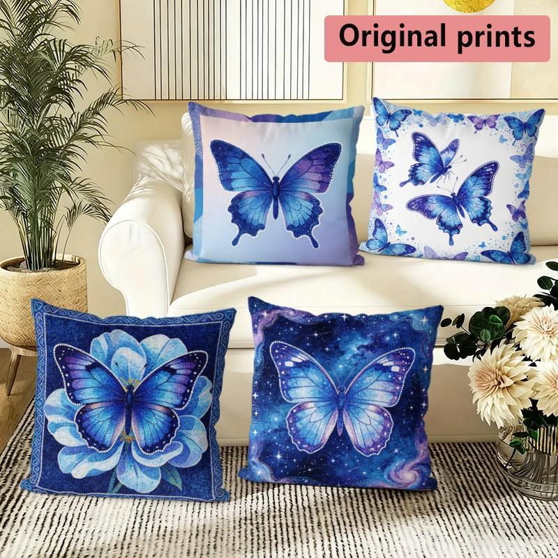 Blue Butterfly Print Square Throw Pillow Cases Pattern Cushion Cover Suitable For Sofa Bedroom Car Pillow Cover