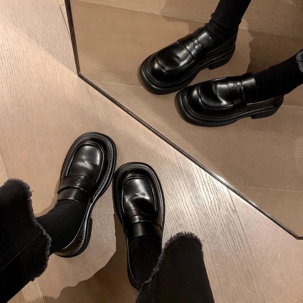 Spot Second Hair! Fashion Versatile New British Style Retro Polished Color Round Head Thick Heel One Pedal Loafers