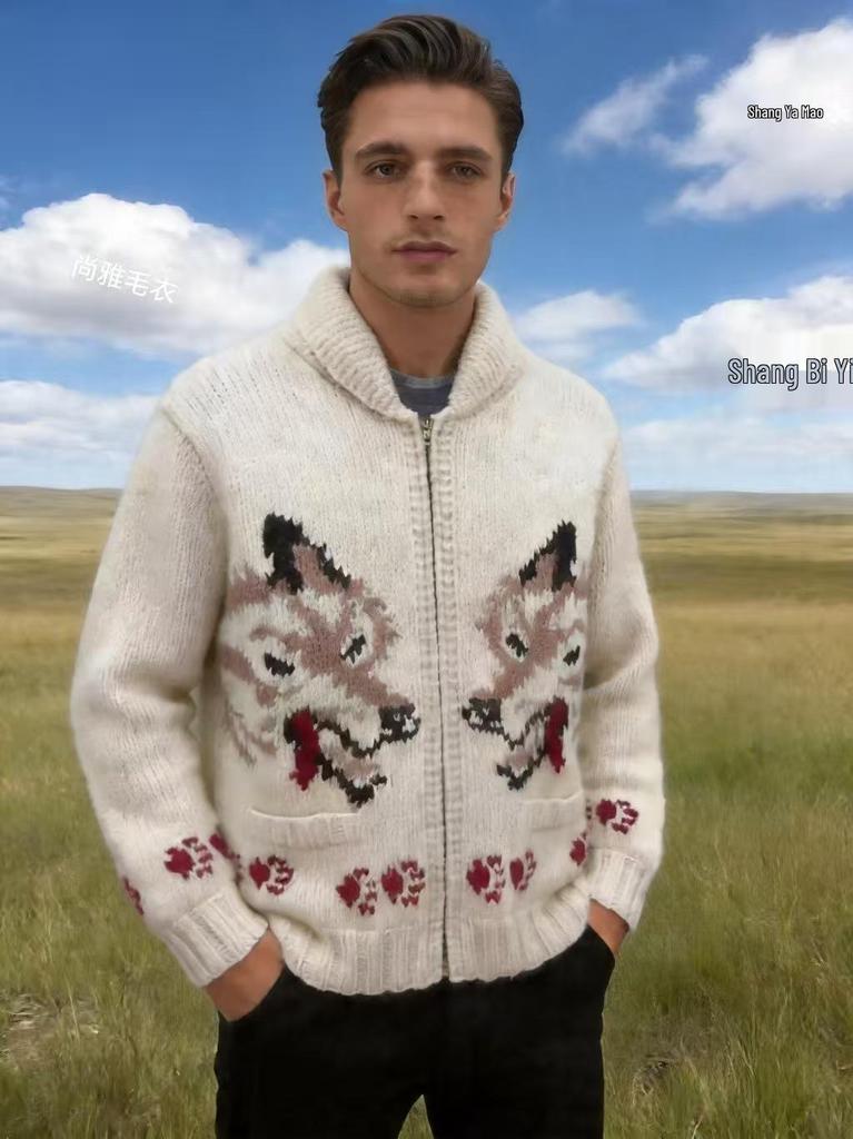 Retro Wolf Head Jacquard Zipper Cardigan: Thick Knit Unisex Sweater (2026)