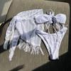 2025 European & American Tassel Mesh Bandeau Halter Three-Piece Bikini Swimsuit