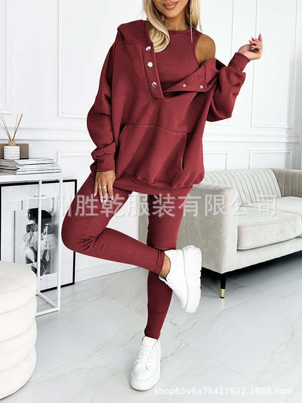 1116 European and American new women's clothing sports and leisure hooded pocket sweater threaded slim trousers set