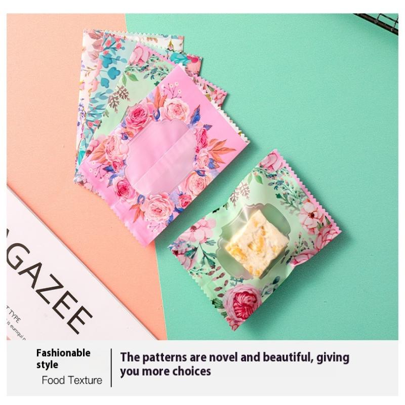 100Pcs Floral Cookie Bag Candy Wrapper Pastry Bag Homemade Handmade Biscuit Plastic Packing For Wedding Party Kitchen