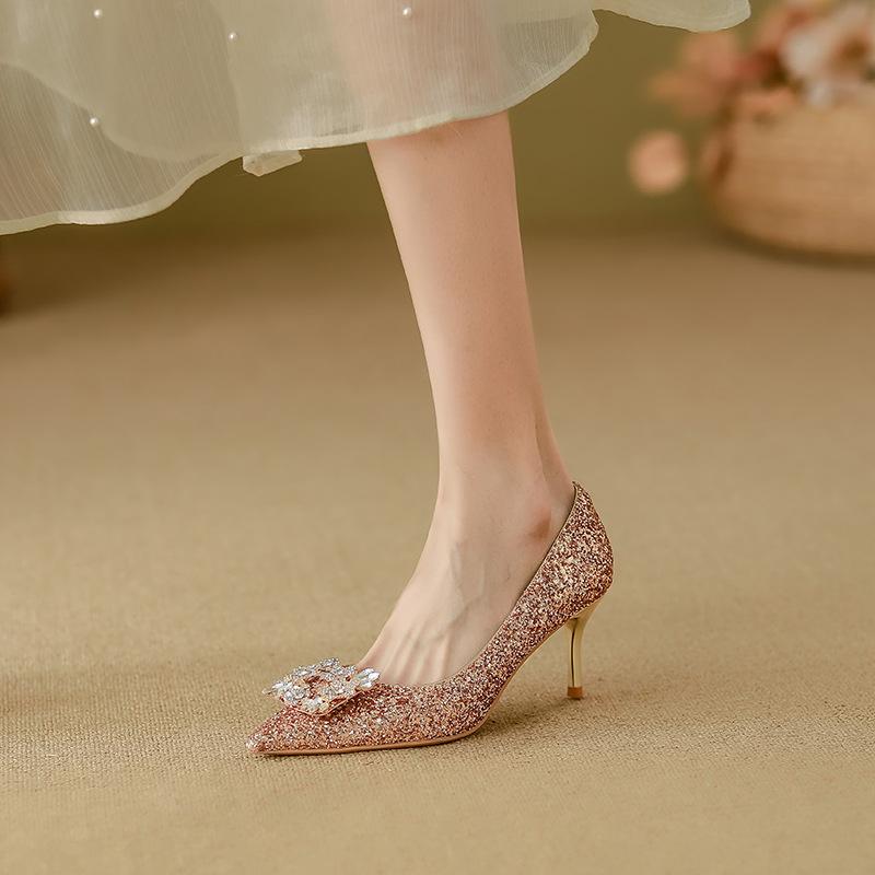Leather Xiuhe Dress Wedding Shoes Women's 2025 Red Sequins High-end Stiletto Chinese Bridal High Heels Are Not Tired