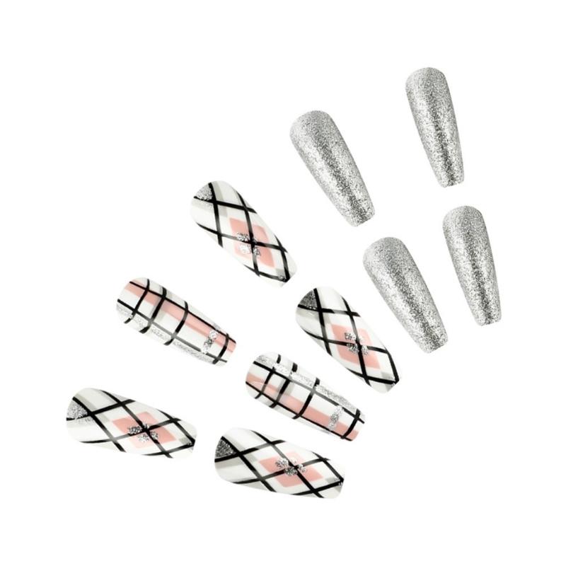 Glittering Christmas Elk Design Press On Nails Long Square Acrylic False Nails With Stripes Pattern 24Pcs Set Nail Art