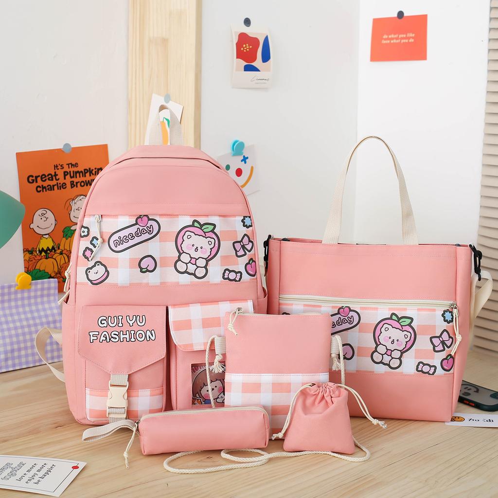 5Pcs/Set Cute Canvas Women School Backpacks for Teenage Girls Book Bag Student High Quality Travel Laptop Backpack Female