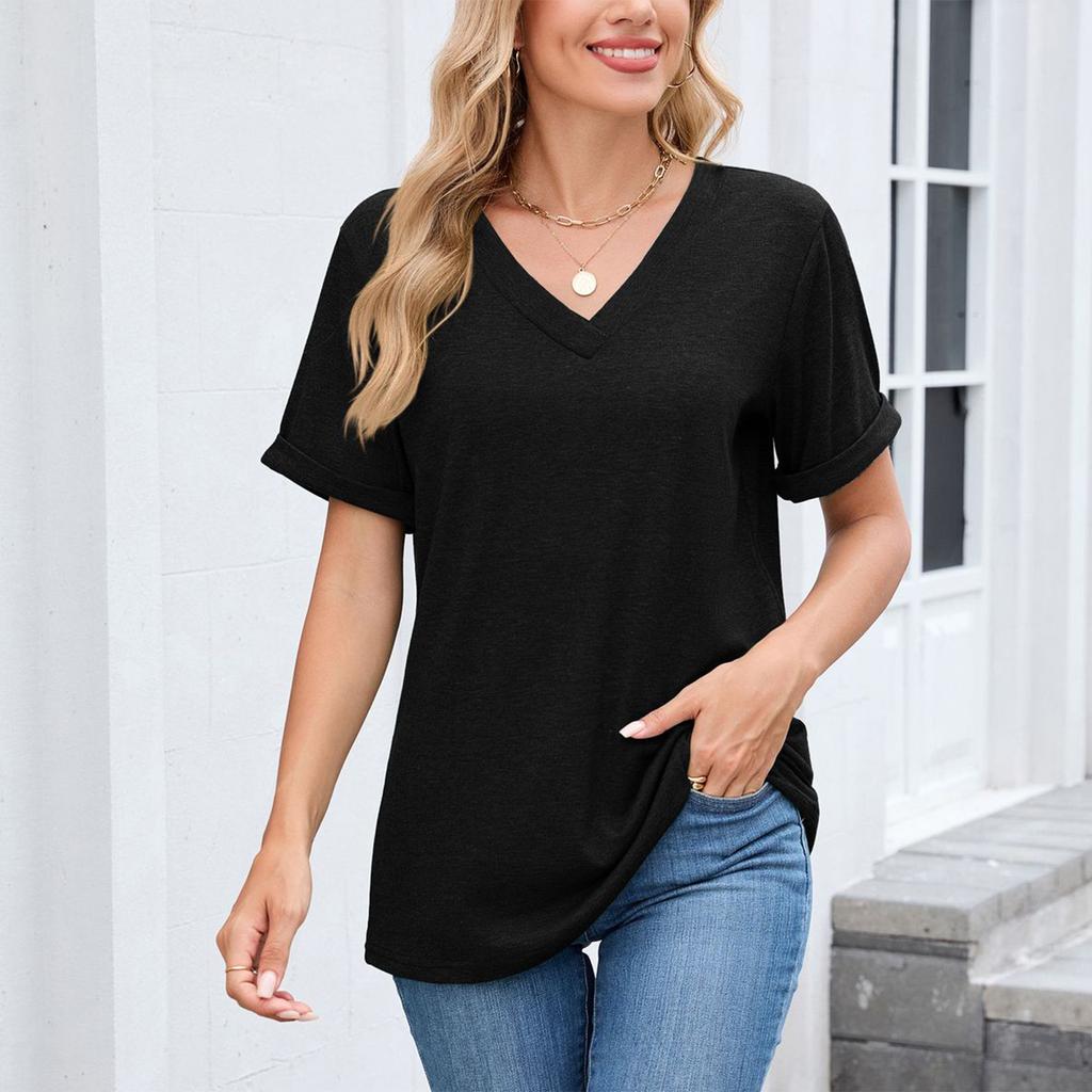 Women's Fashion Color V-neck Short Sleeved Loose Fitting Pullover T-shirt Top
