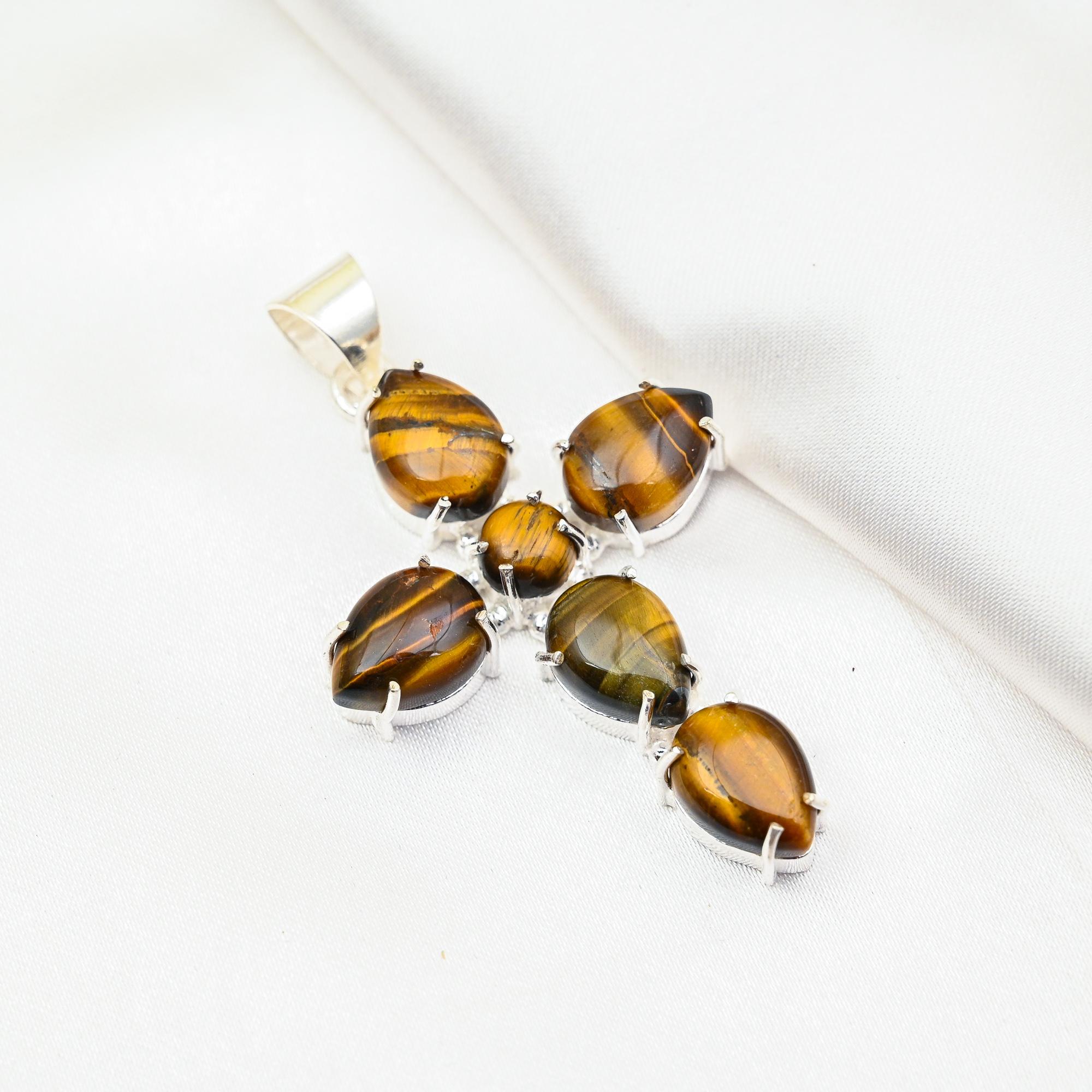 

Твердый кулон из стерлингового серебра 925 пробы с тигровым глазом, кулон из драгоценного камня ручной работы, подарок для мамы, антикварные ювелирные изделия 2.75 Inches жёлтый