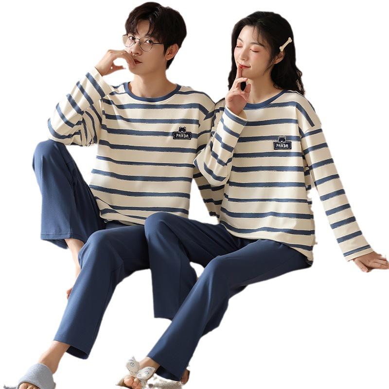 Spring Couple's Striped Pajama Set: Women's Pure Cotton Long Sleeve & Men's Loose Fit Homewear