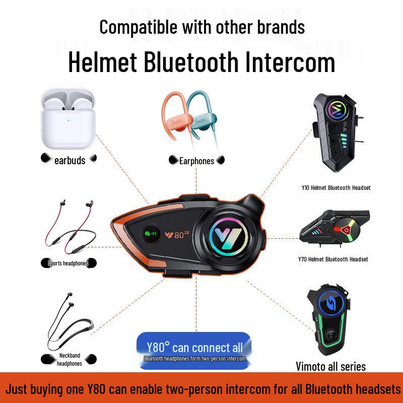 Y802x Bluetooth Motorcycle Helmet Intercom: 800m Range for Two Riders, Compatible with Third-Party Helmets.