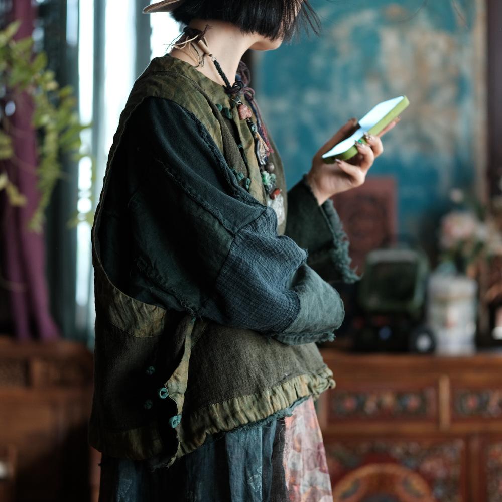 Johnature Veste de damă vintage, paltoane patchwork colorate, toamnă, cu nasturi, gât O, fără mâneci, largi