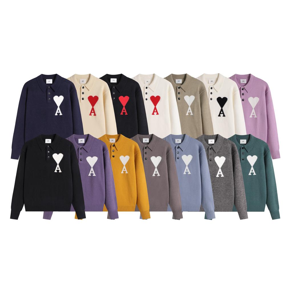 AMI New Polo Collar Knitted Sweater Jacquard Love Couple Woolen Sweater