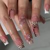 Fashionable 3D Flowers Decoration Press On False Nail French Nudes Pink Leopard Print for Work and Party Versatility