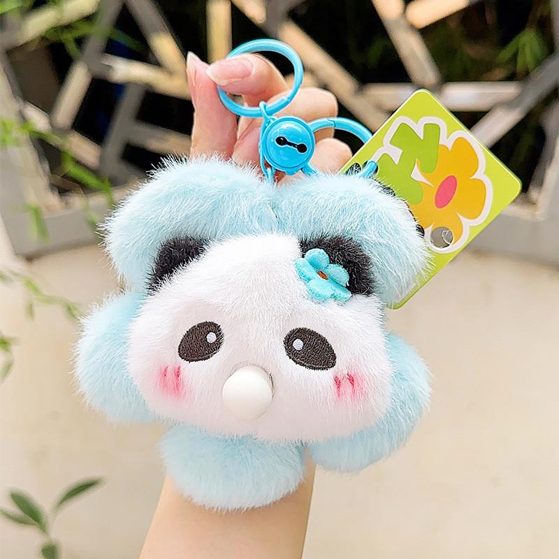 Playful Flower Panda Head Plush Keychain Colorful Cartoon Animal Keyring