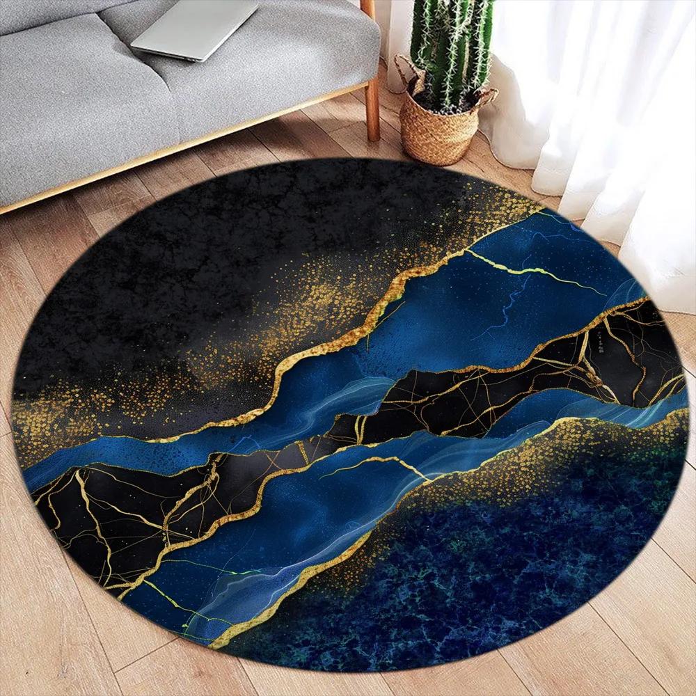 Abstract Marble Round Area Rug – Green Ink & Gold Line Design – Modern Luxury Carpet for Living Room or Bedroom, Soft Floor Mat