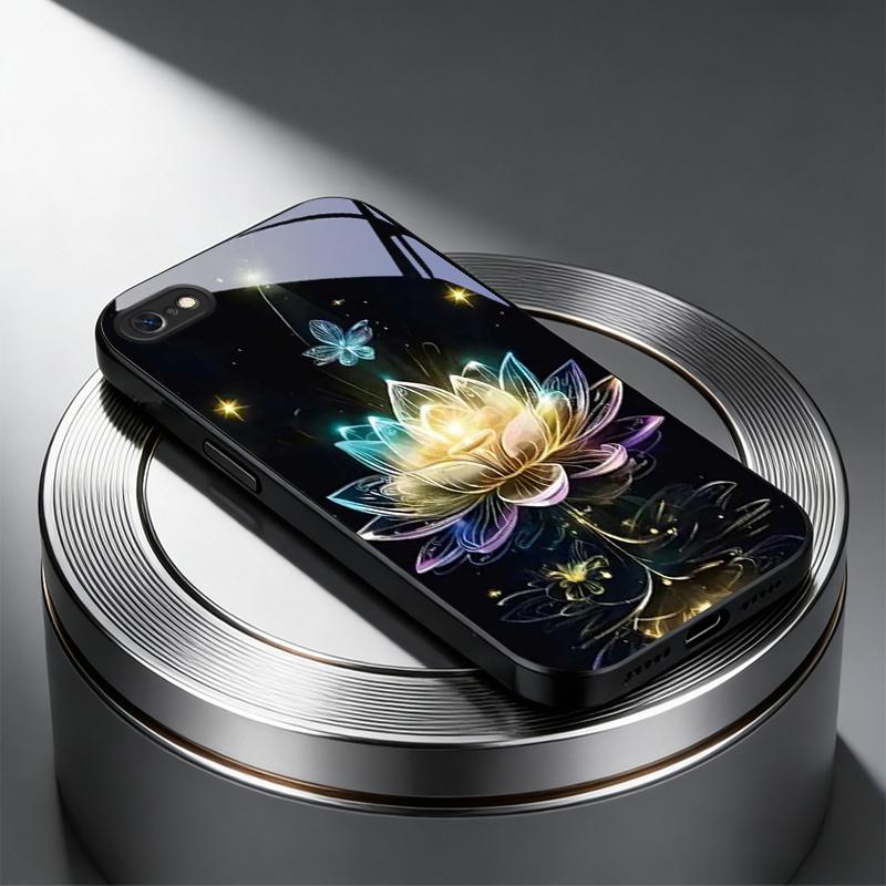 Tellar Luminescence Lotus Black Glass Phone Case For iPhone 17 Air 16 E 15 Plus 14 Pro Max 13 12 Mini 11 5 6 7 8 Plus XR X Cover