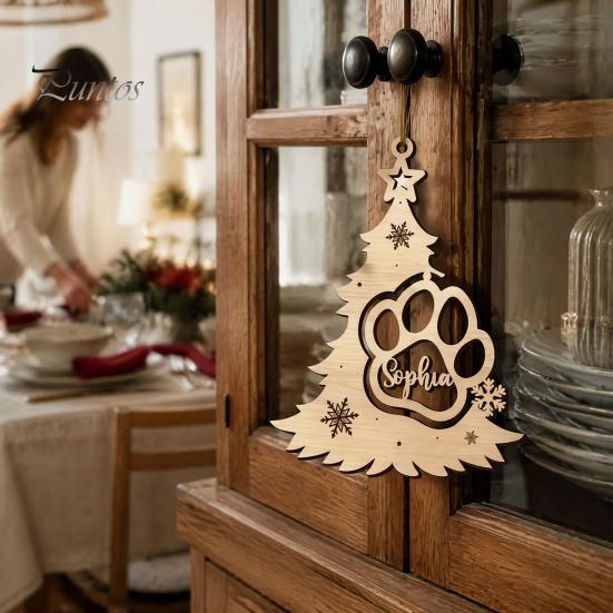 Wooden Christmas Tree Ornaments Wood Pendant with Paw Print, Hollow Engraved Hanging Holiday Gifts for Pet Lovers Ornament, Rustic Style Craft
