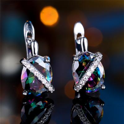 Süßer Weiblicher Regenbogen Zirkonstein Ovaler Creolen Ohrringe Weiblich Silberfarbe Hochzeits Schmuck Für Frauen