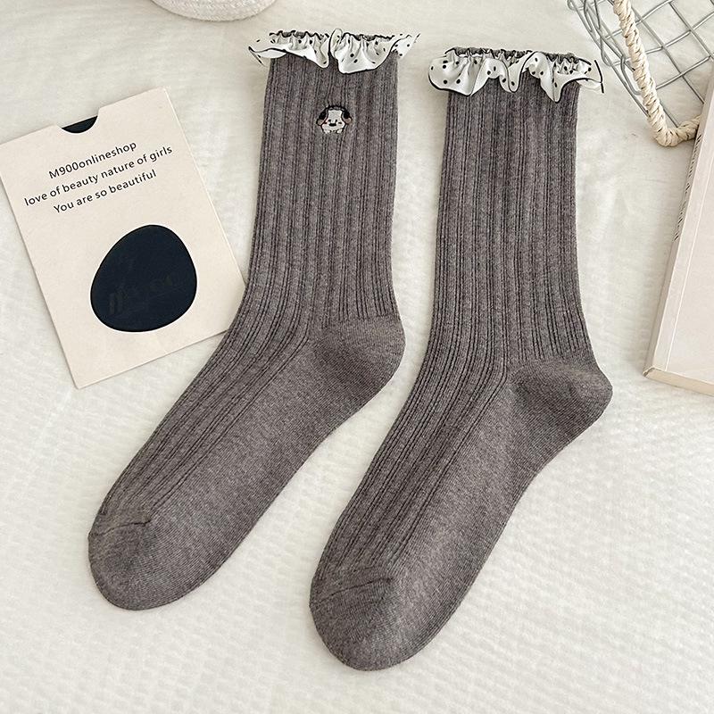2025 Autumn Women's Mid-Calf Cotton Socks - Korean Cartoon Dog Embroidery with Lace Ruffle