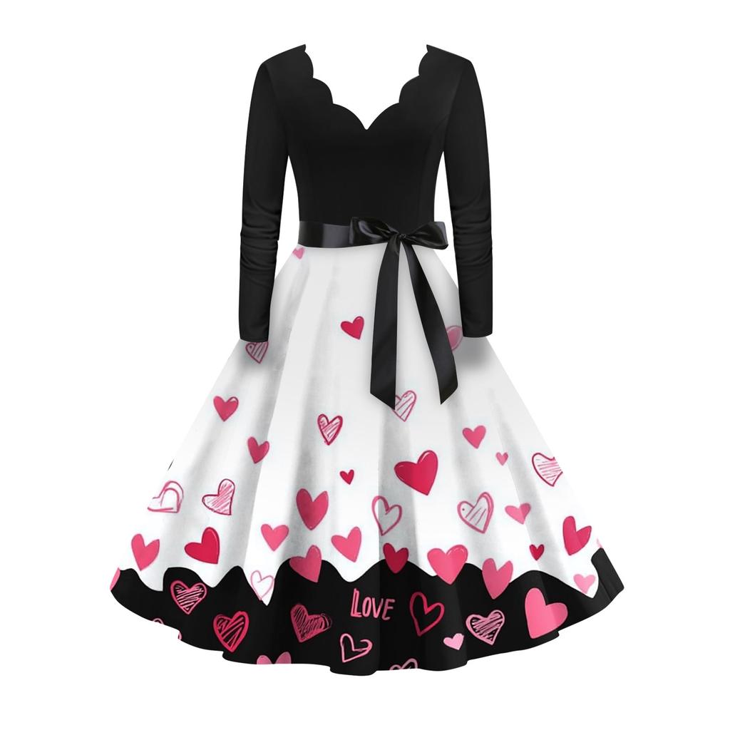 Women's stylish and elegant long,sleeved V,neck heart,shaped dress for Valentine's Day