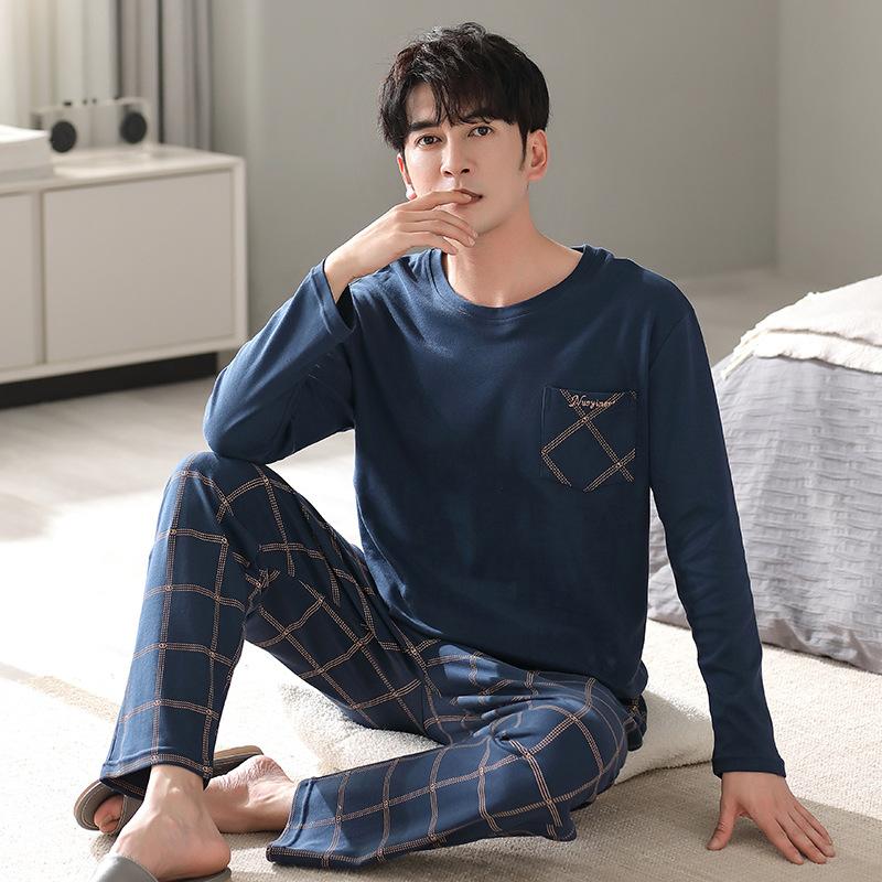 Men's pajamas spring and autumn pure cotton long-sleeved casual loungewear youth men's autumn thin cotton large-size suit