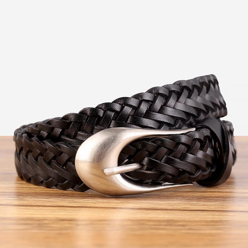 

Пояс женский плетеный ручной работы из натуральной кожи первого слоя коровьей кожи, повседневный, в стиле ретро, с пряжкой-штифтом, модный 80-100cm чёрный