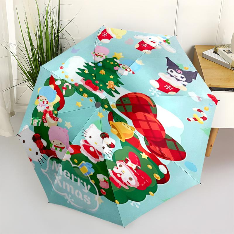 1pc Hello Kitty Christmas Wreath Design Automatic Folding Umbrella - Portable 3-Fold Design with 8-Rib Iron Frame, Perfect Holiday Gift for Fans, Trav