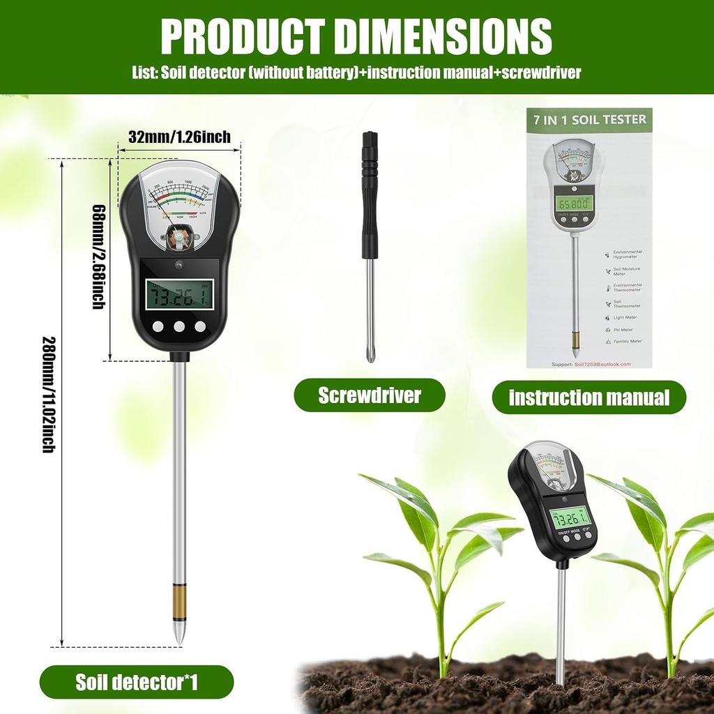 Portable 7-in-1 Soil Moisture Meter, Dual Display Plant Tester with 90° Adjustable Head, Measures Moisture/pH/Fertility/Light/Soil & Air Temp/Humidity