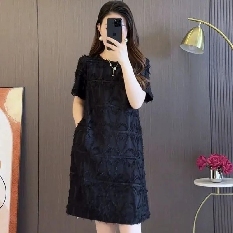 

New Summer Style Loose-fitting Dress High-end French Fringed Short-sleeved Skirt L чёрный