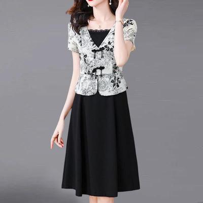 Elegancka dwuczęściowa sukienka midi mamy w stylu patchwork
