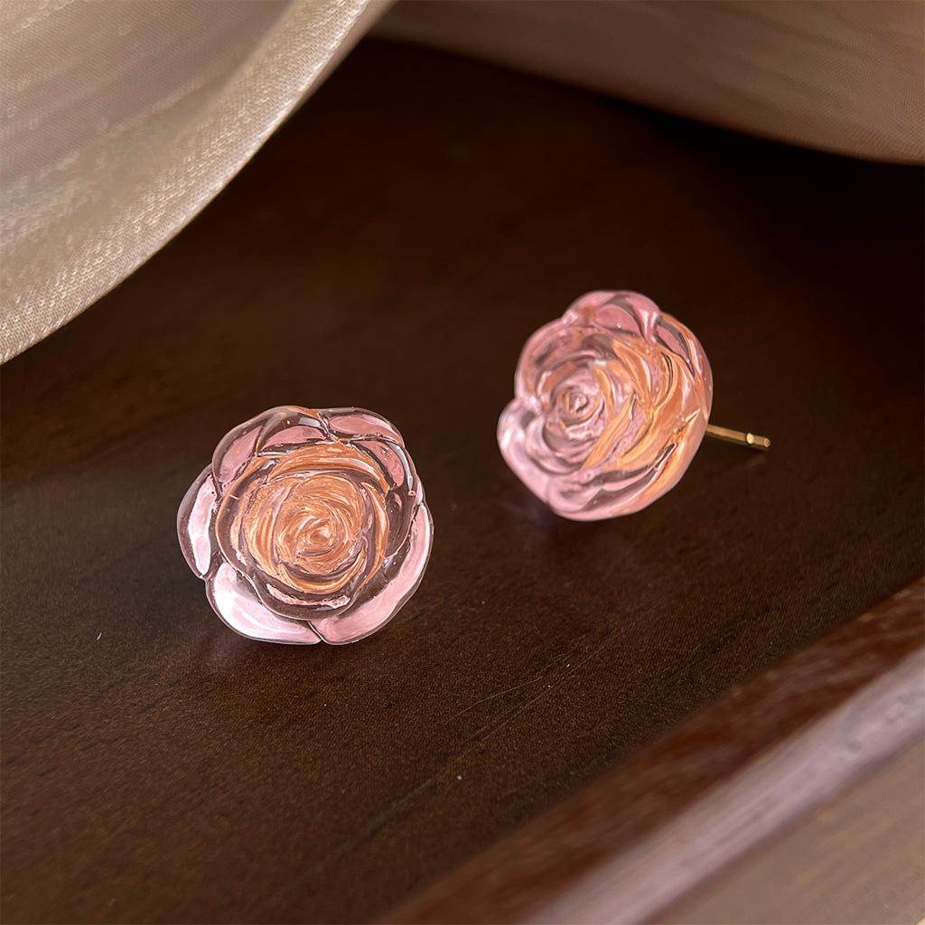 Transparent Pink Resin Rose Stud Earrings - Simple, Versatile, and Sweet Niche Accessories