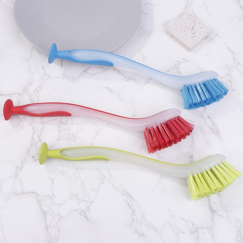 Multifunctional Pot Cleaning Brush Vertical Dishwashing Brush Suction Cup Type Plastic Long Handle Sink Cleaning Scrub Brush