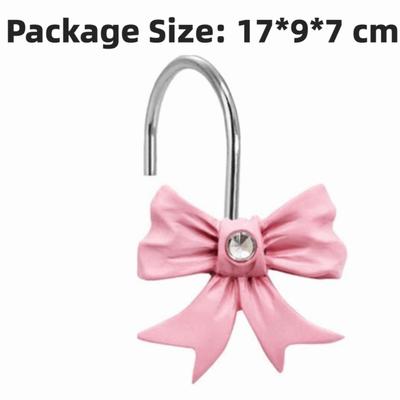12PCS Set Art Decors Durable Pink Bathroom Decor Resin Bow Knot Design Pink Bow Knot Hooks Lightweight Shower Rings Party