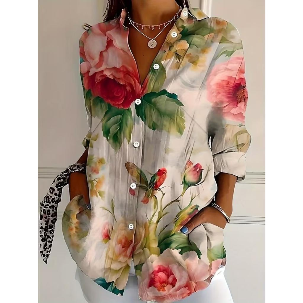 2026 New Women Autumn Blouse Multi Colored Print Lapel Button Up Womens Shirt Long Sleeve Elegant Daily Office Ladies Blouse Top