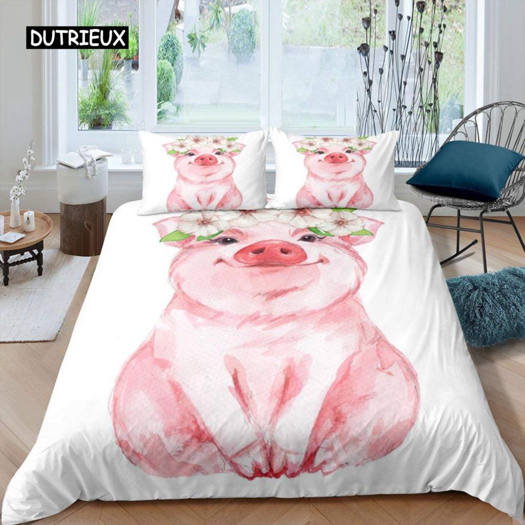 Pig Duvet Cover Set Cute Pig Bedding Set King Size Zoo Quilt Cover Happy Farm Animal Comforter Cover with Zipper Closure for Kid