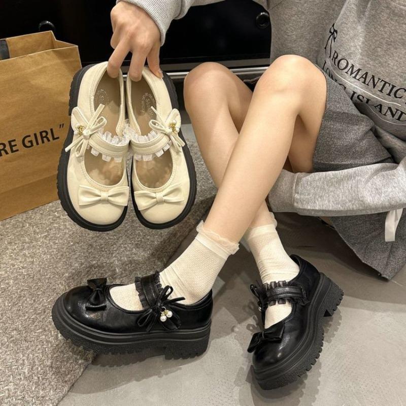 College style solid color bow spring new round head cute single shoes student small leather shoes