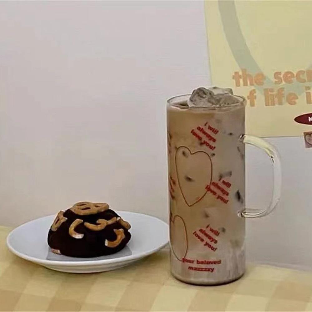 Glass Cup with Handle Korean Style Retro Red Love Letter Milk Cup