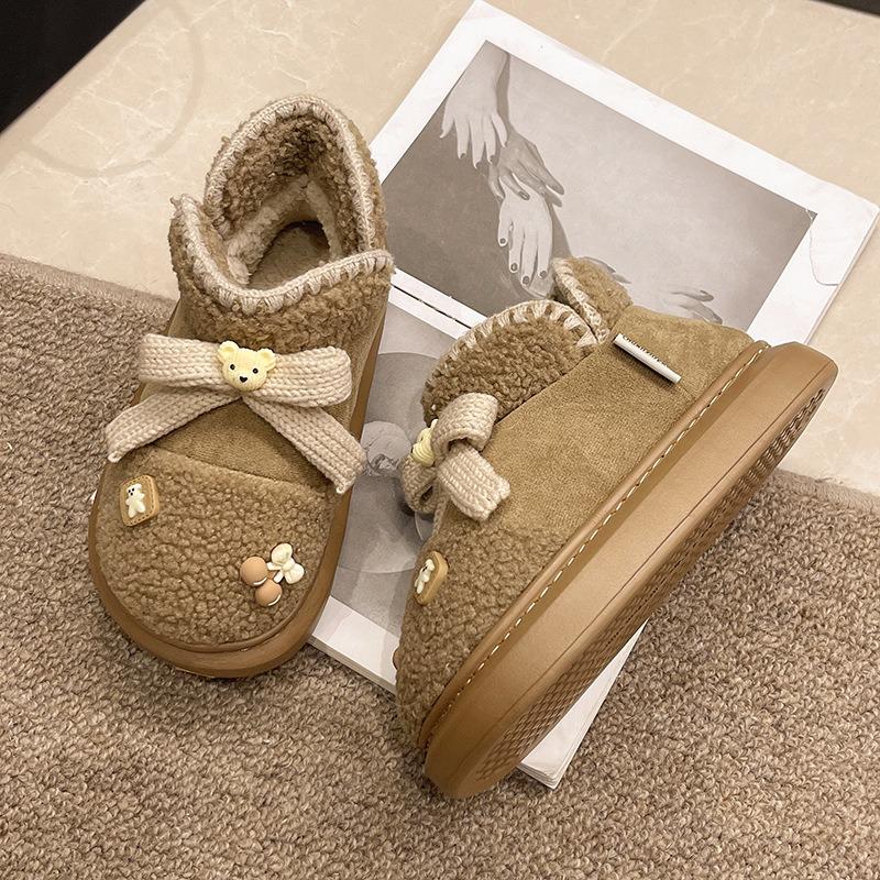 Warm edge new snow boots women's winter warm cute bear wearing bow high-top thickened cotton shoes