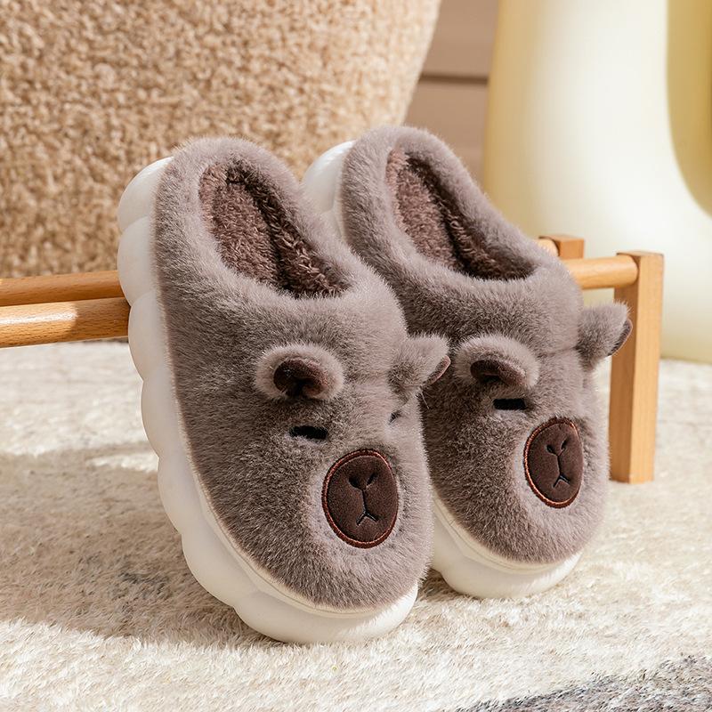 Bear Cartoon Cotton Slippers Men's Autumn and Winter Indoor Home Thick Bottom Velvet Warm Outer Wear Couple Confinement Shoes Women