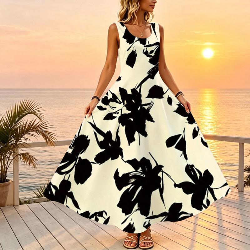 Bohemian Summer Sleeveless Maxi Dress,Black White Floral Print Flattering Slimming Versatile Flowy Dress for Beach Vacation & Daily Casual Wear