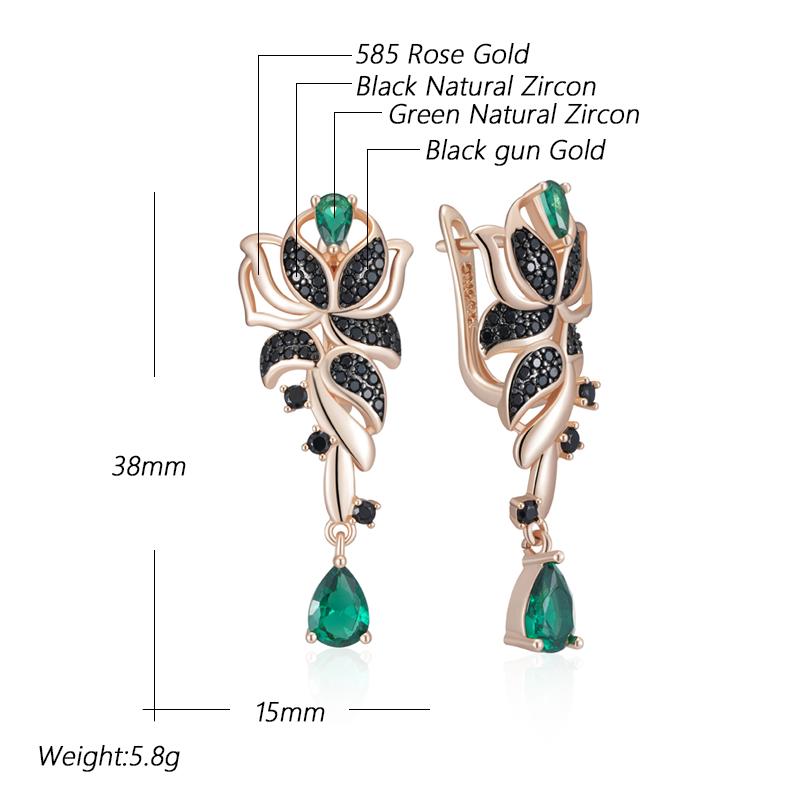 Green With Black Natural Zircon Flower Drop Earrings For Women  Rose Gold And Black Gold Plating Daily Fine Jewelry