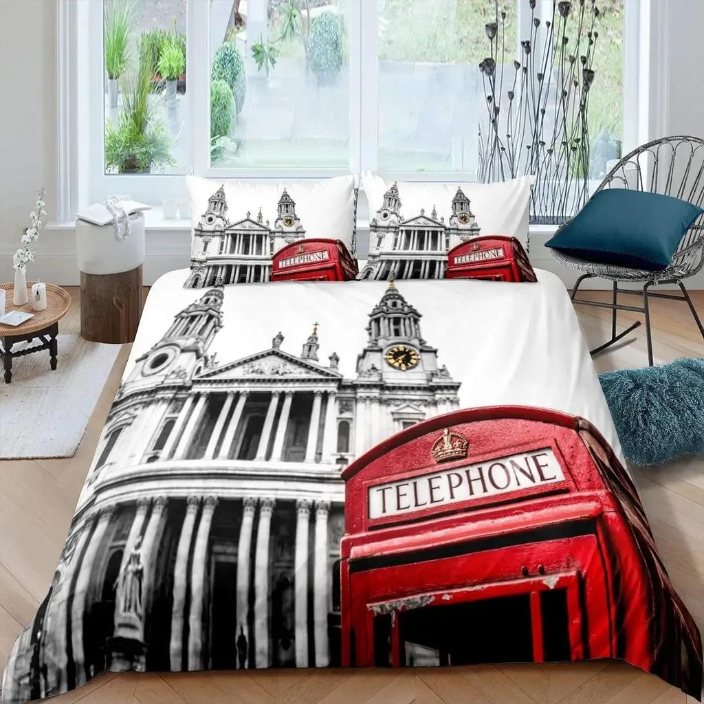 Big Ben Comforter Cover Boys Famous Telephone Booth Bedding Set for Teens Retro London Cityscape Duvet Cover Set with Pillowcase