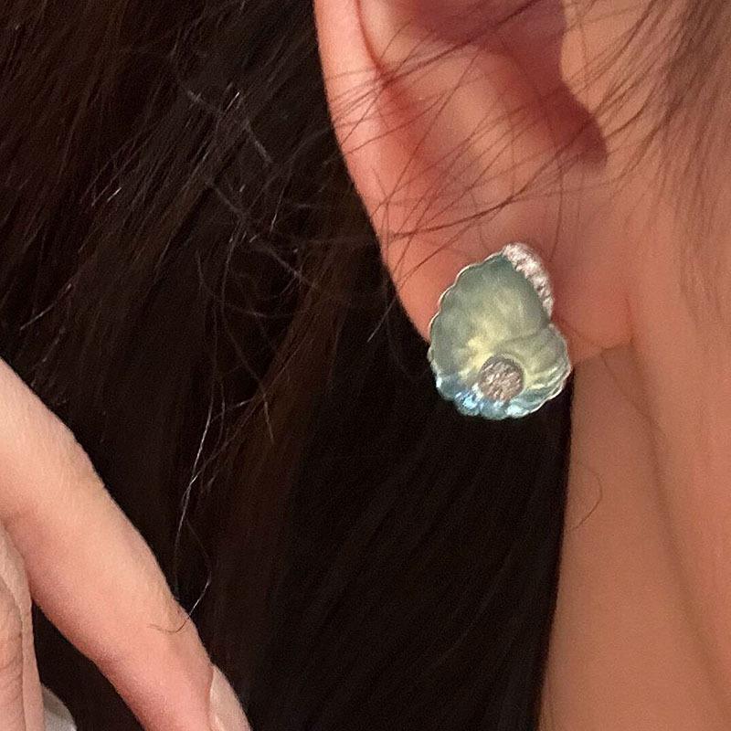 Fresh and Fashion Sea Blue Enamel Conch Pendant Inlay Diamonds Earrings for Women Exquisite Sparkling Collar Chain  Sets