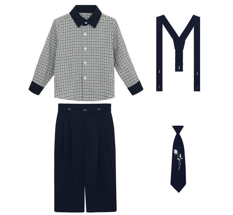 Elegant Boys Formal Suspender Outfit, Teen Kids Plaid Shirt Tie Pants Set, Children School Uniform/Wedding Guest Wear 3-14 Years