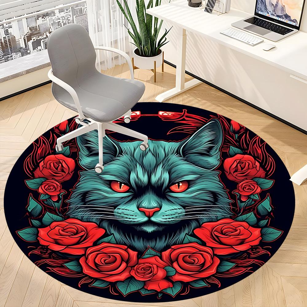 1 Stück Katzen-Rosen-Design, rundes Büroteppich, rutschfest, weich und langlebig, Büroteppich für Innendekoration, perfekt für das Büro