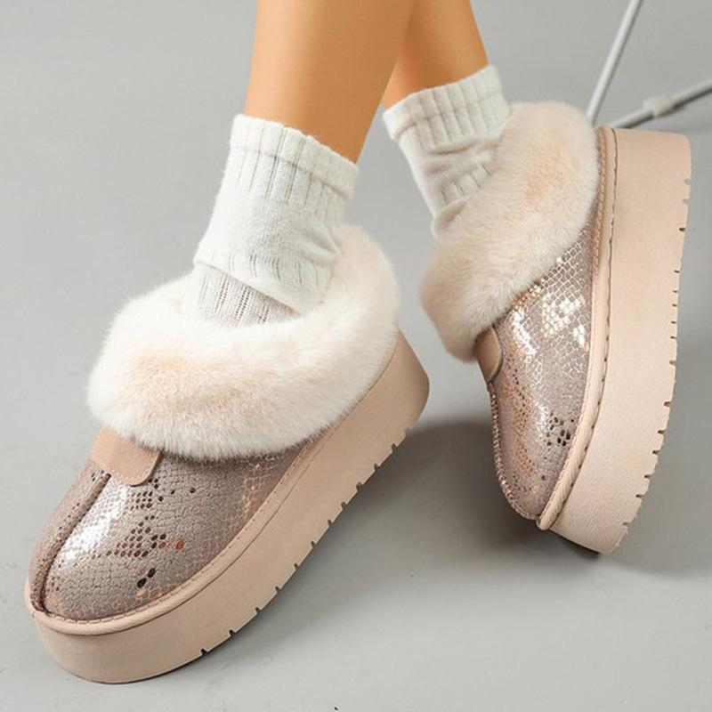 Fashion Chic Beige Shiny Snow Boots for Women 2025 Winter Korean Short Plush Warm Boots Woman Round Toe Thick Bottom Booties Female