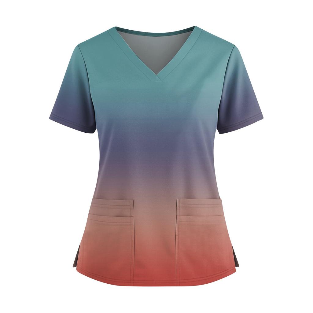 Women's Fashionable Printed V Neck Double Pocket Short Sleeved Shirt With Slit Hem Uniform And Worker Top