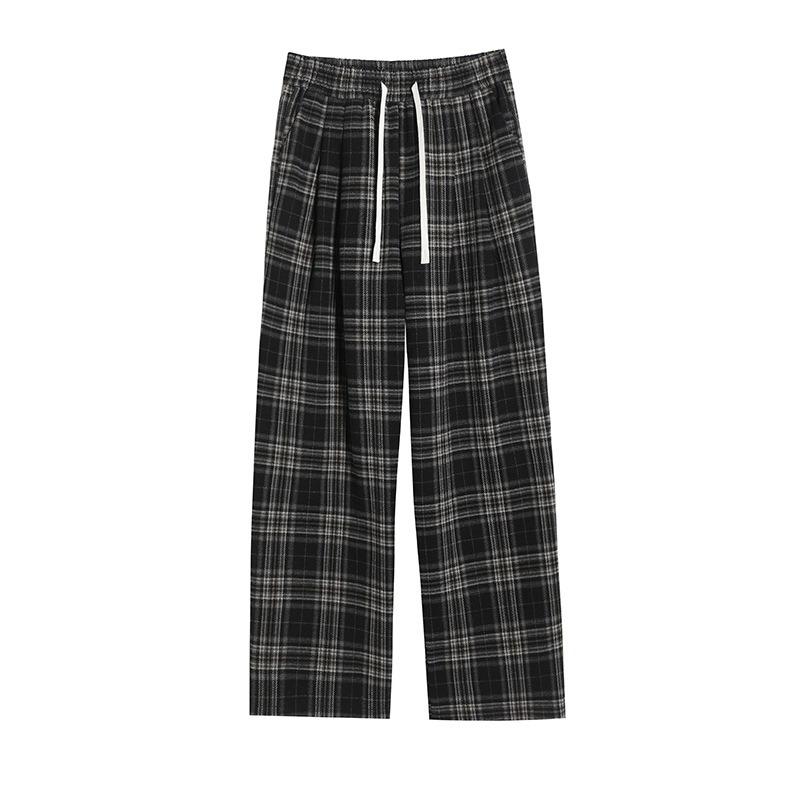 Coffee plaid woolen wide-leg pants women's new autumn clothing lazy and relaxed high waist thin straight-leg pants