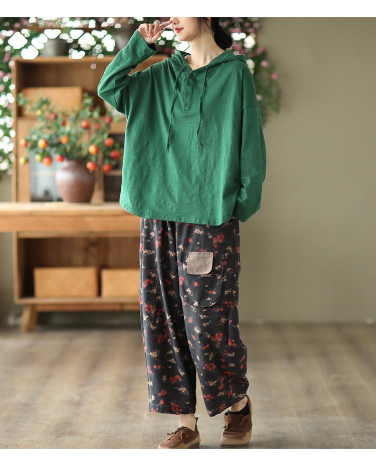 2025 Spring Retro Hooded Pullover: Women's Casual Loose Fit Solid Color Long Sleeve Sweatshirt